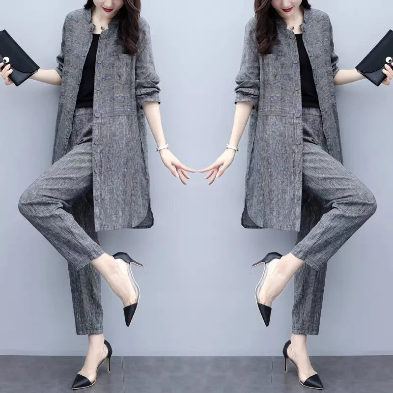 2023 new autumn plus size women's cardigan tops and pants two-piece casual fashion wide-leg pants suit for women to look slim