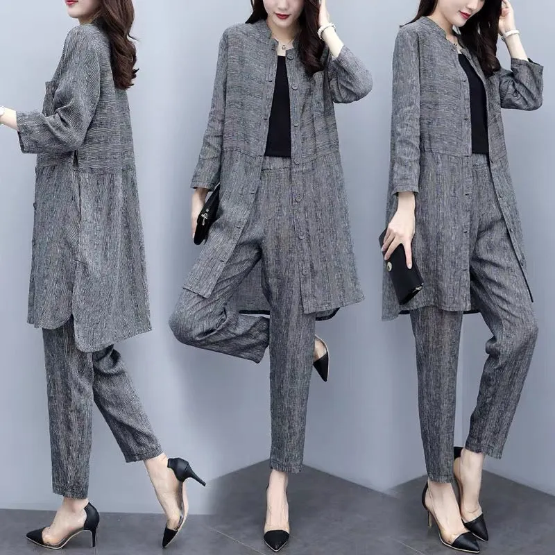 2023 new autumn plus size women's cardigan tops and pants two-piece casual fashion wide-leg pants suit for women to look slim