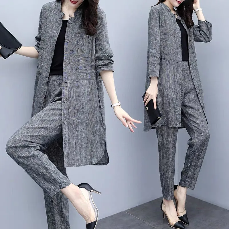 2023 new autumn plus size women's cardigan tops and pants two-piece casual fashion wide-leg pants suit for women to look slim