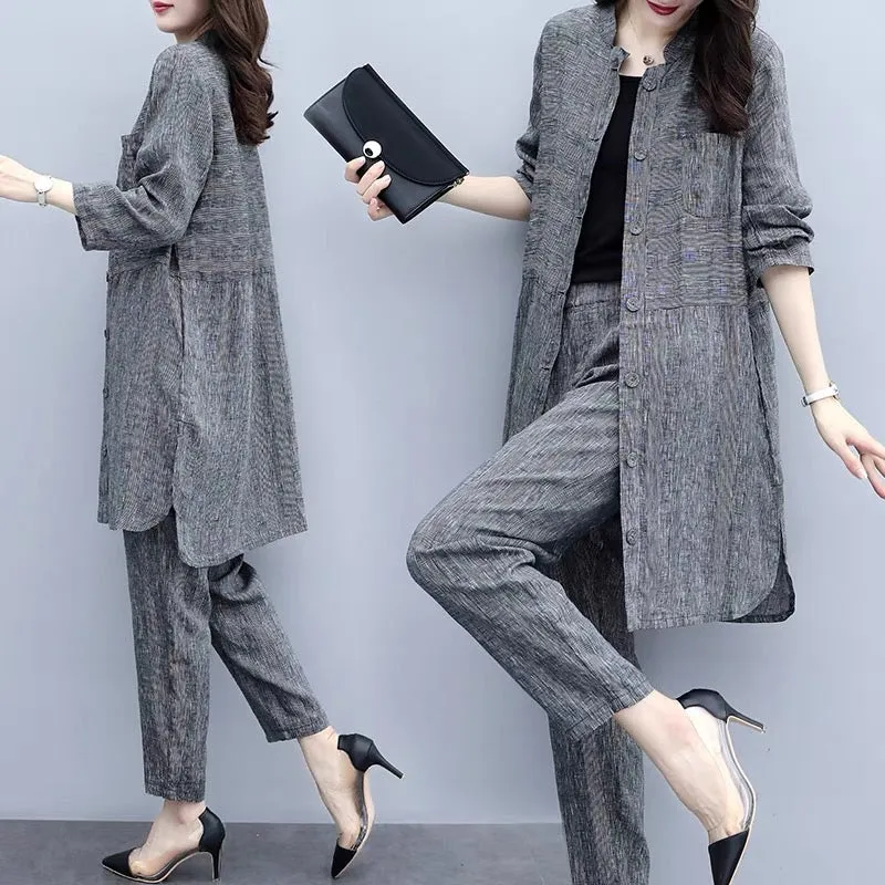 2023 new autumn plus size women's cardigan tops and pants two-piece casual fashion wide-leg pants suit for women to look slim