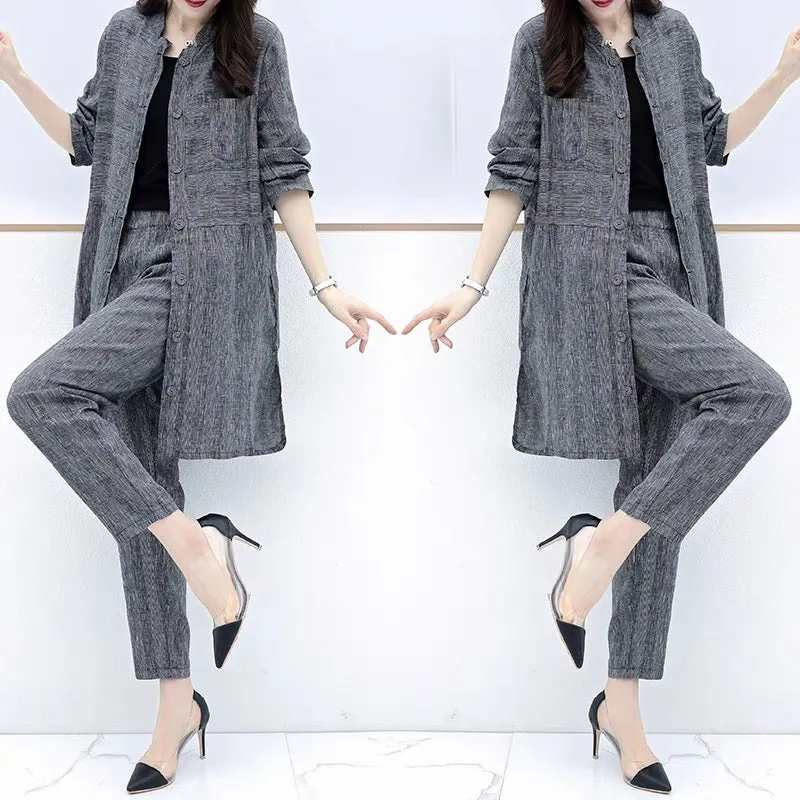 2023 new autumn plus size women's cardigan tops and pants two-piece casual fashion wide-leg pants suit for women to look slim