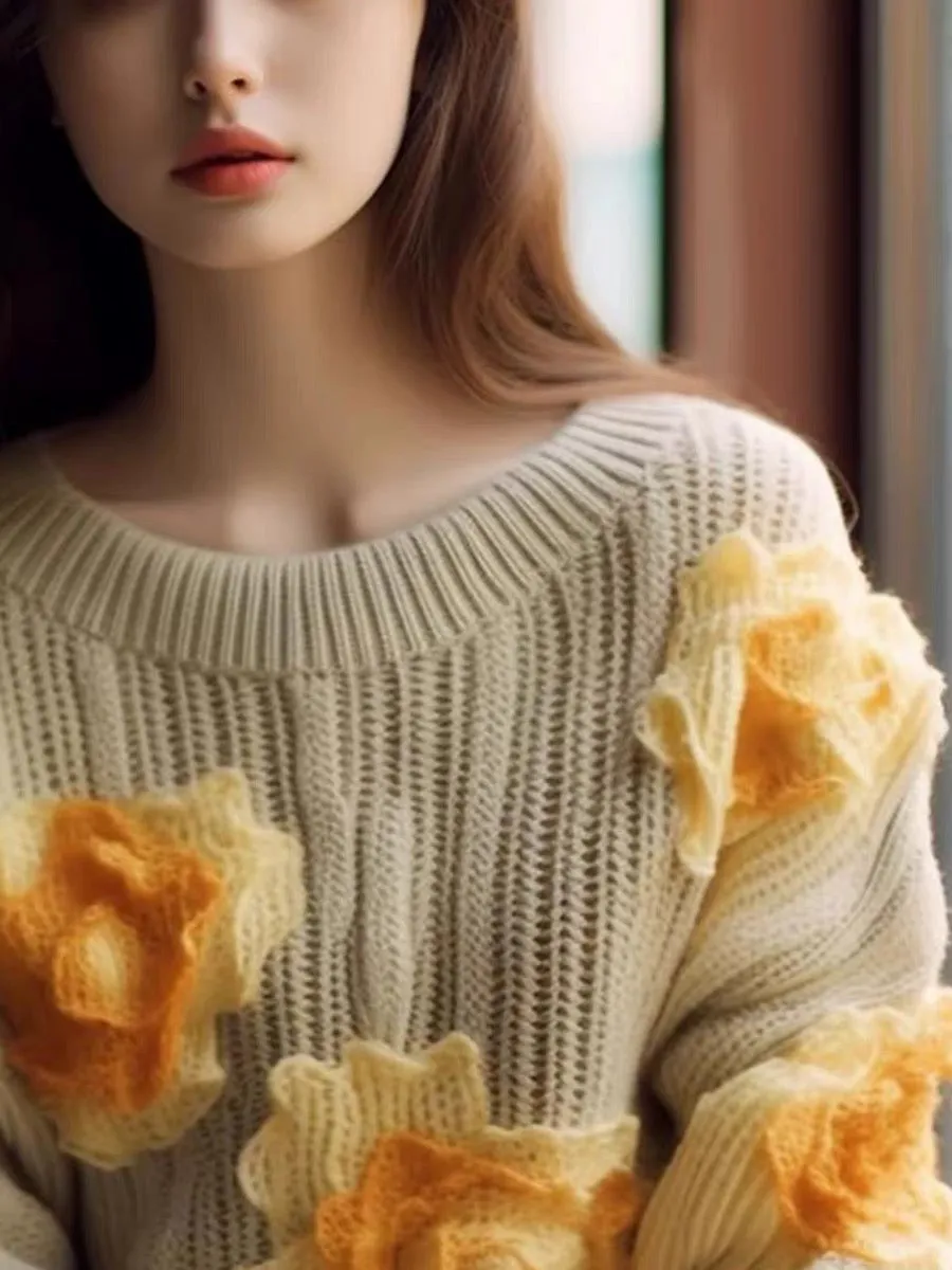 2023 new hot style French high-end super good-looking fufu lazy little fragrance flower knitted sweater autumn wear (B1517)