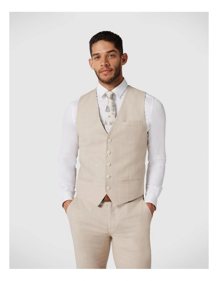 5 Button Windowpane Check Tailored Vest in Natural Windowpane