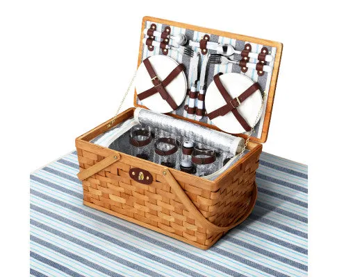 Alfresco 4 Person Picnic Basket Set Wooden Blanket Bag Insulated