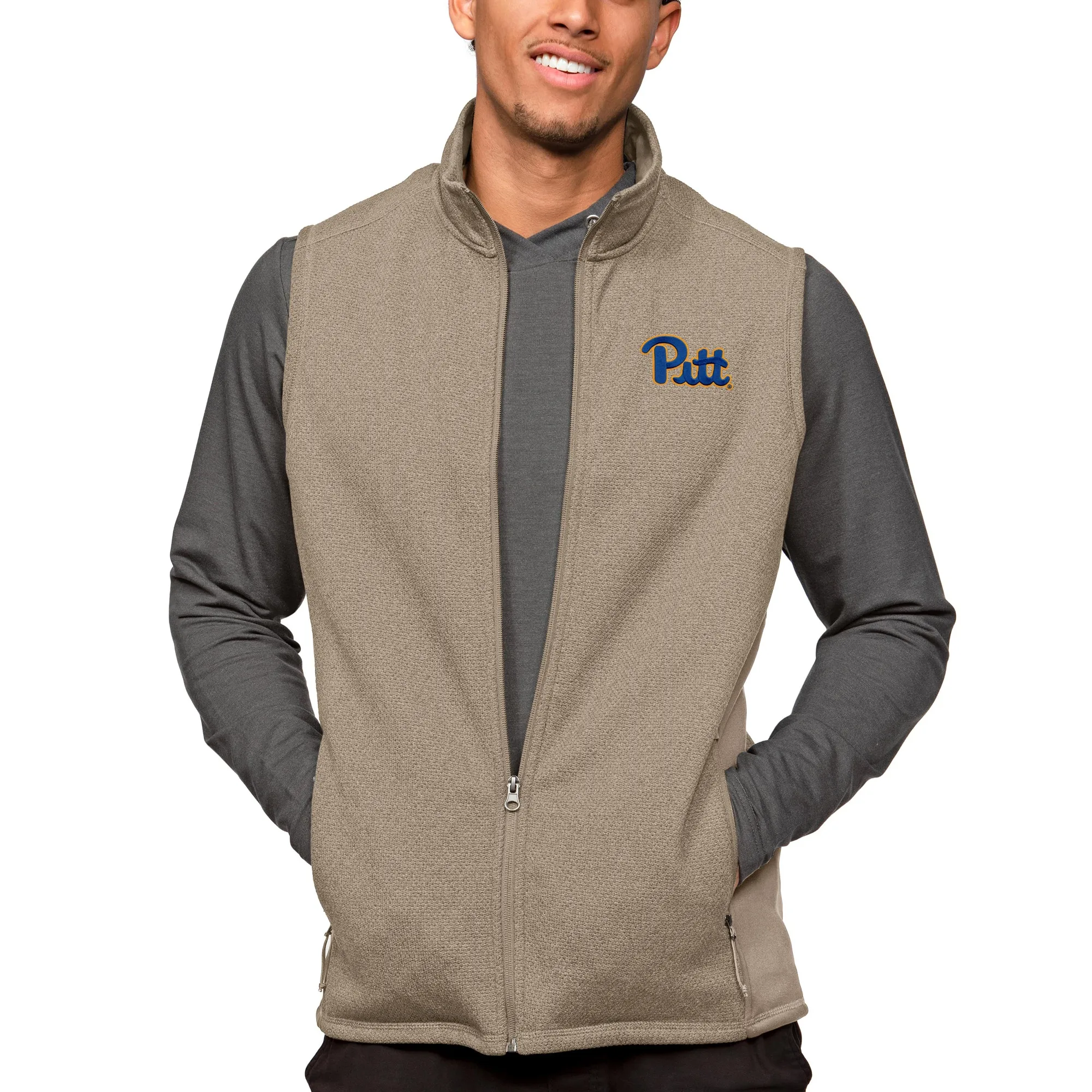 Antigua Pitt Panthers Oatmeal Course Full-Zip Vest