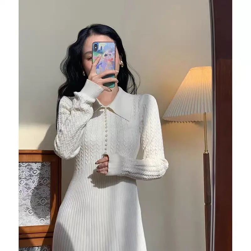 Autumn women's 2023 new dress light luxury women's high-end slim white knitted sweater skirt winter (D5553)