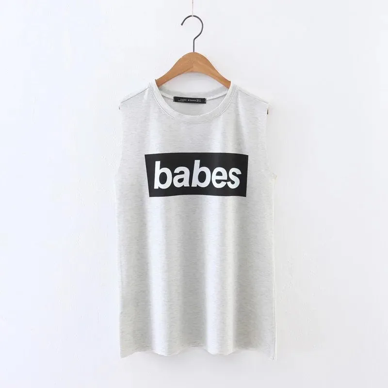 Babes Letter Print  New European Style Fashion Sleeveless T-shirts Plus Size Female T shirts Top O-neck Women t shirt 72590 GS