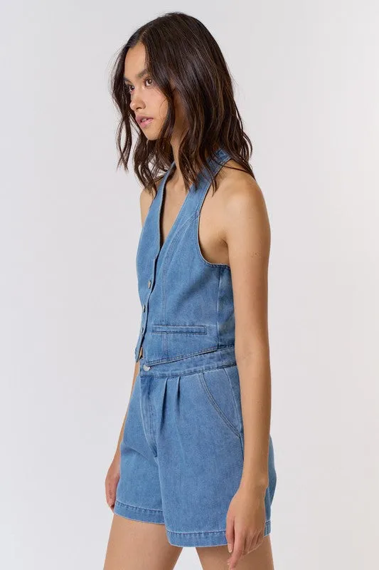 Bea Halter Vest Denim Romper