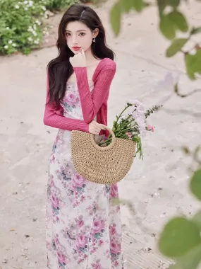 Beautiful floral dress for women summer 2024 new style high-end temperament super fairy French cardigan suspender two-piece set