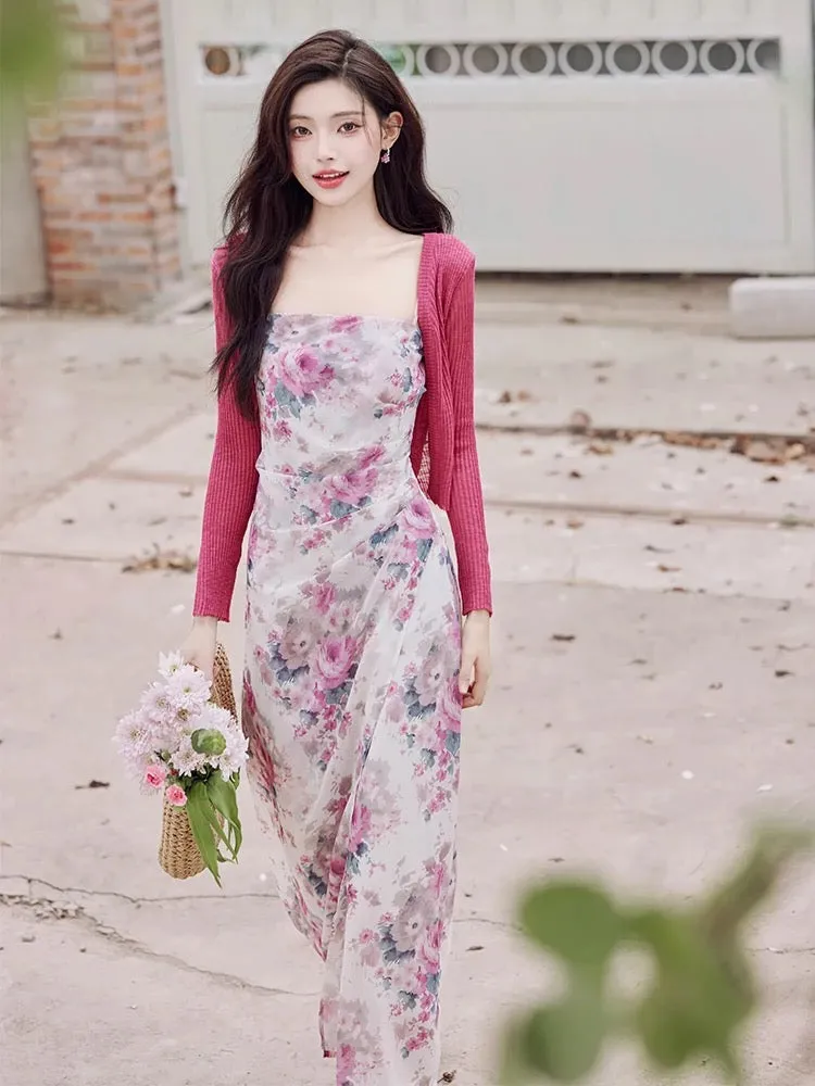 Beautiful floral dress for women summer 2024 new style high-end temperament super fairy French cardigan suspender two-piece set