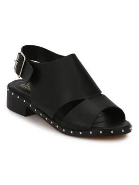 Black PU Studded Low Heel Sandals