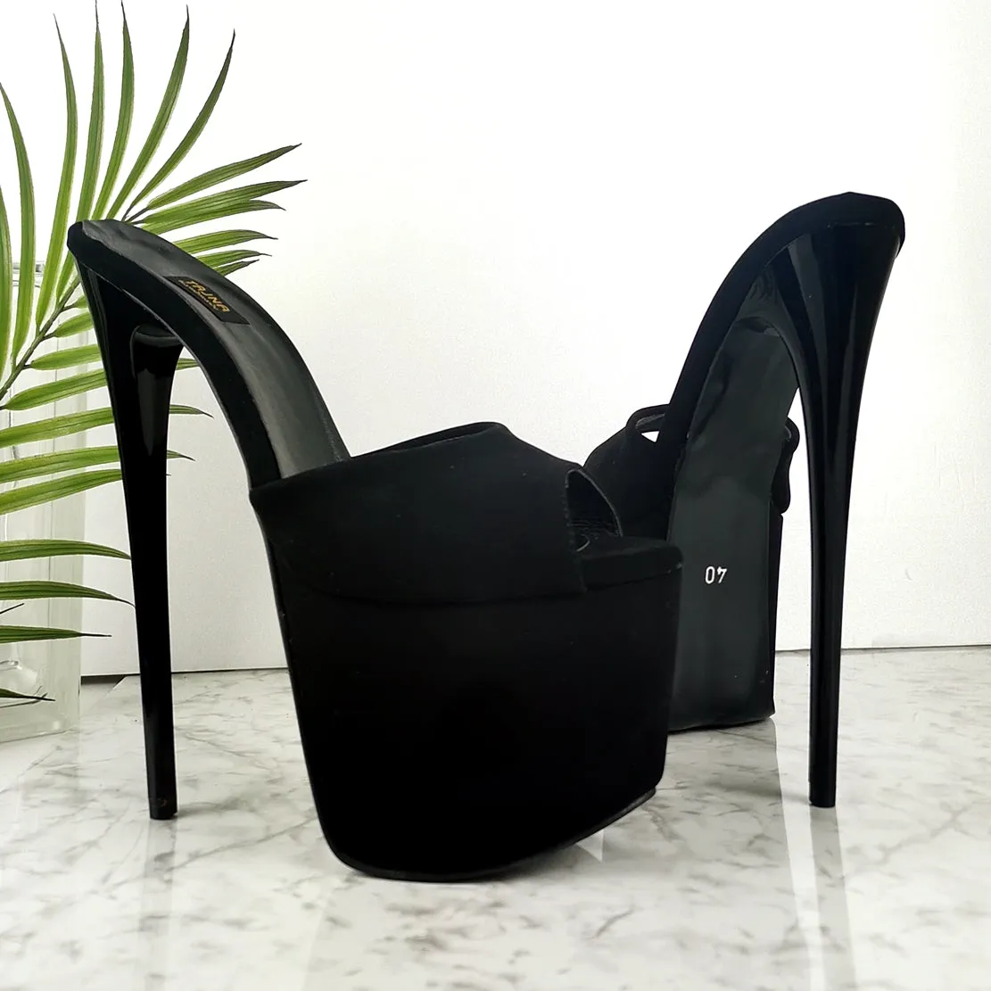 Black Suede High Heel Mules