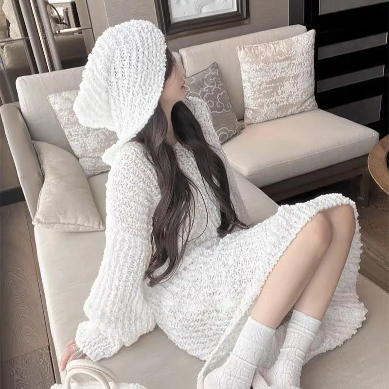 Casual, lazy style hooded long-sleeved sweater dress, autumn and winter Korean style loose A-line skirt, fashionable and versati