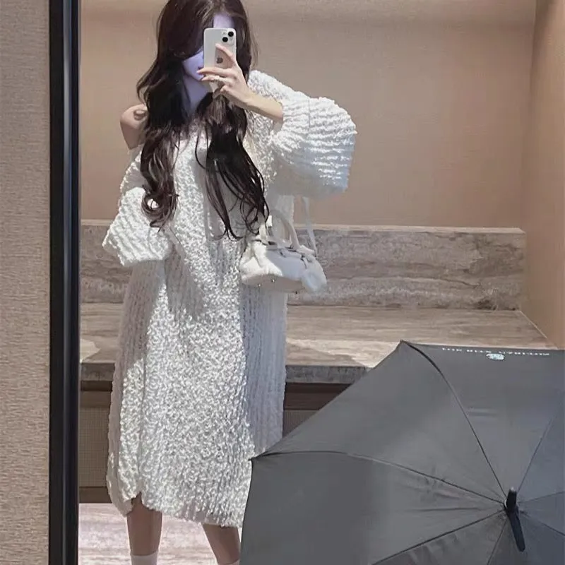 Casual, lazy style hooded long-sleeved sweater dress, autumn and winter Korean style loose A-line skirt, fashionable and versati