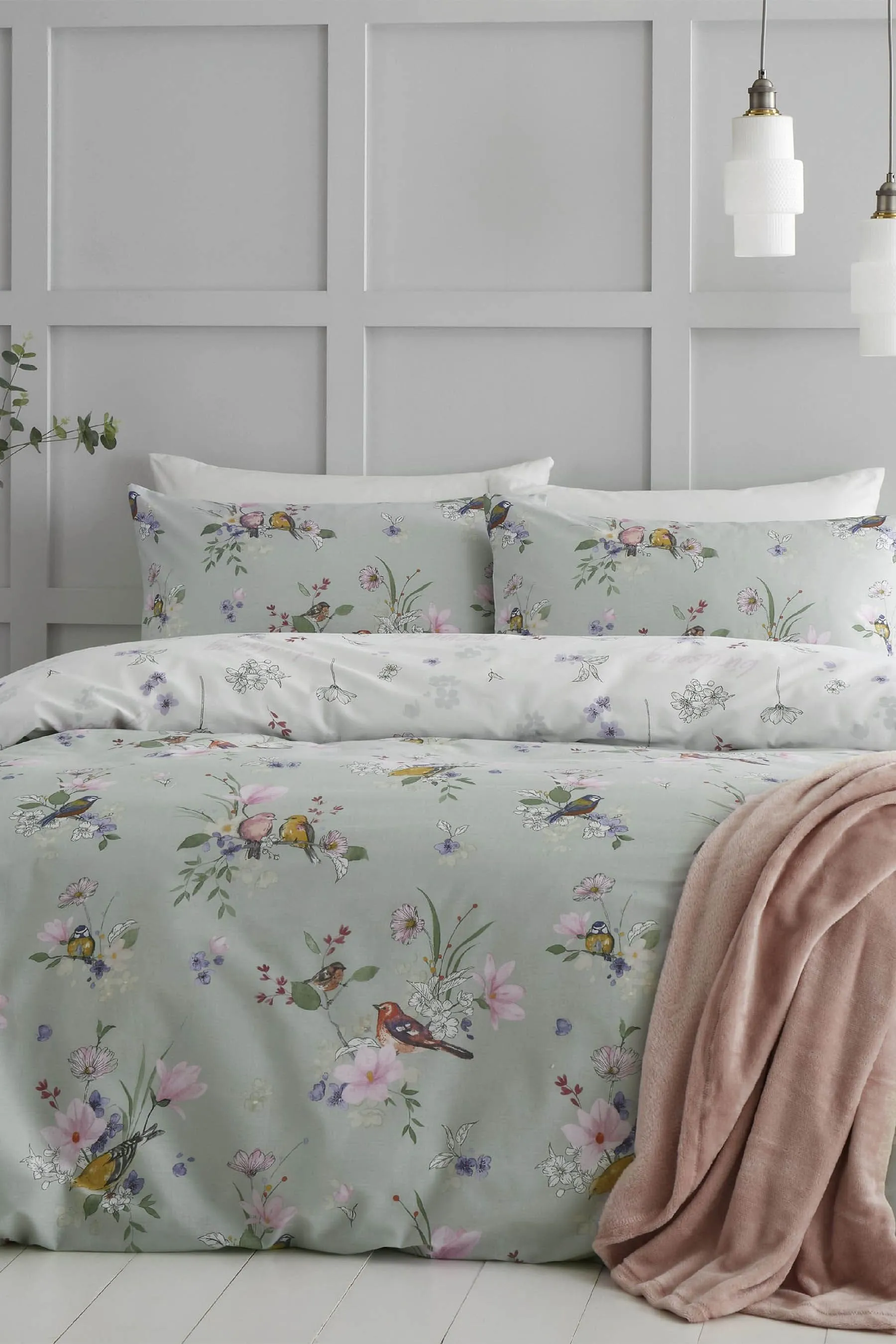 Catherine Lansfield Green Songbird Reversible Duvet Cover and Pillowcase Set