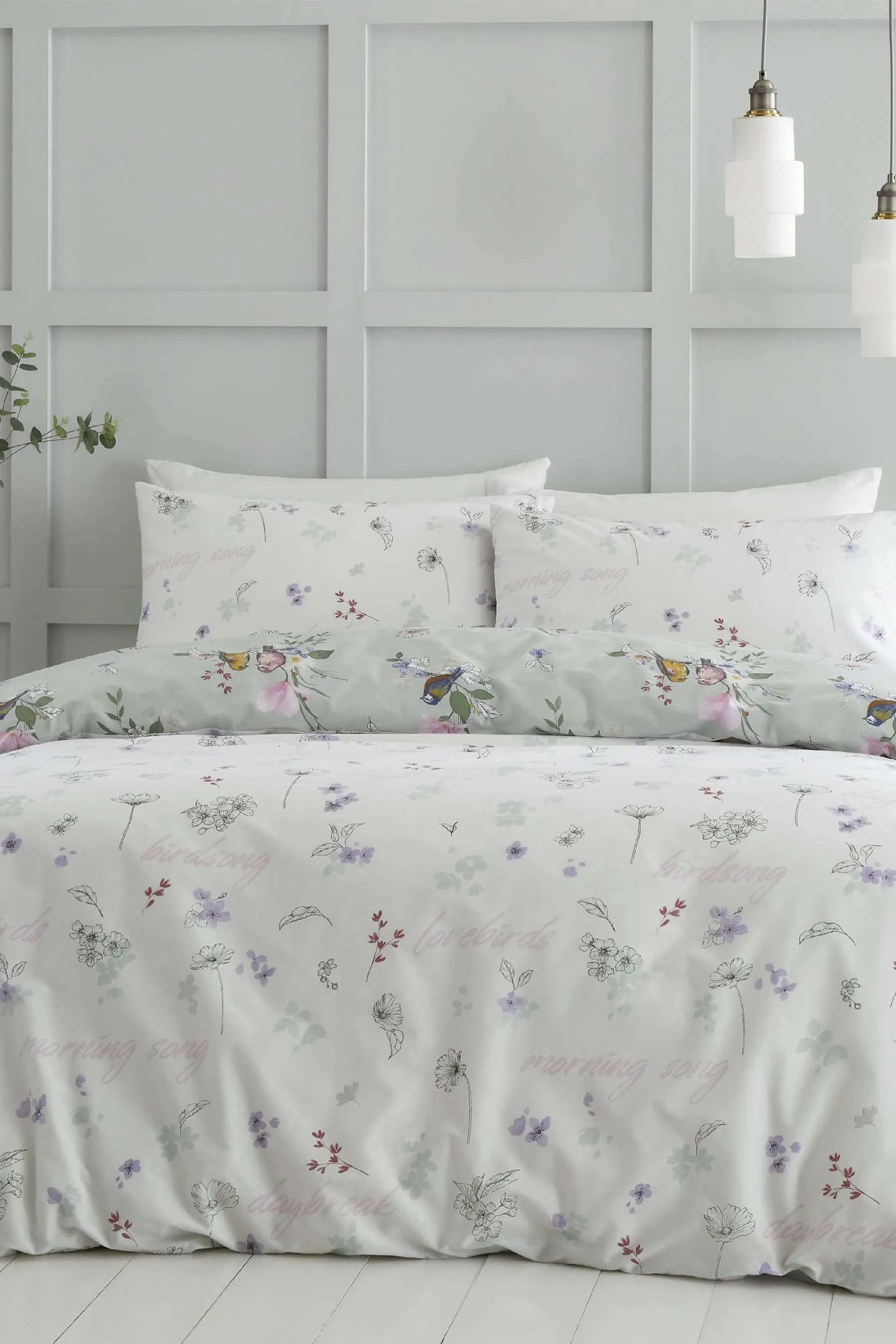 Catherine Lansfield Green Songbird Reversible Duvet Cover and Pillowcase Set