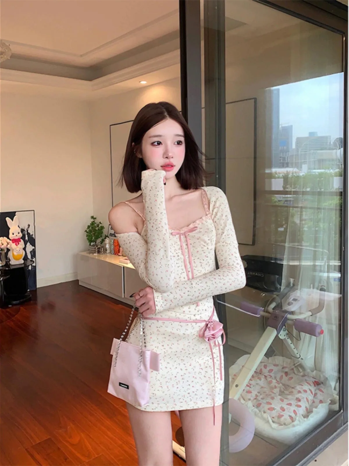 Chen Shan~Turn left Sweet and Spicy Floral High Waist Skirt Women's Spring and Autumn Sexy Knitted Cardigan Two-piece Suit