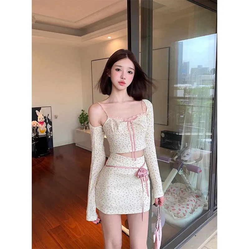 Chen Shan~Turn left Sweet and Spicy Floral High Waist Skirt Women's Spring and Autumn Sexy Knitted Cardigan Two-piece Suit