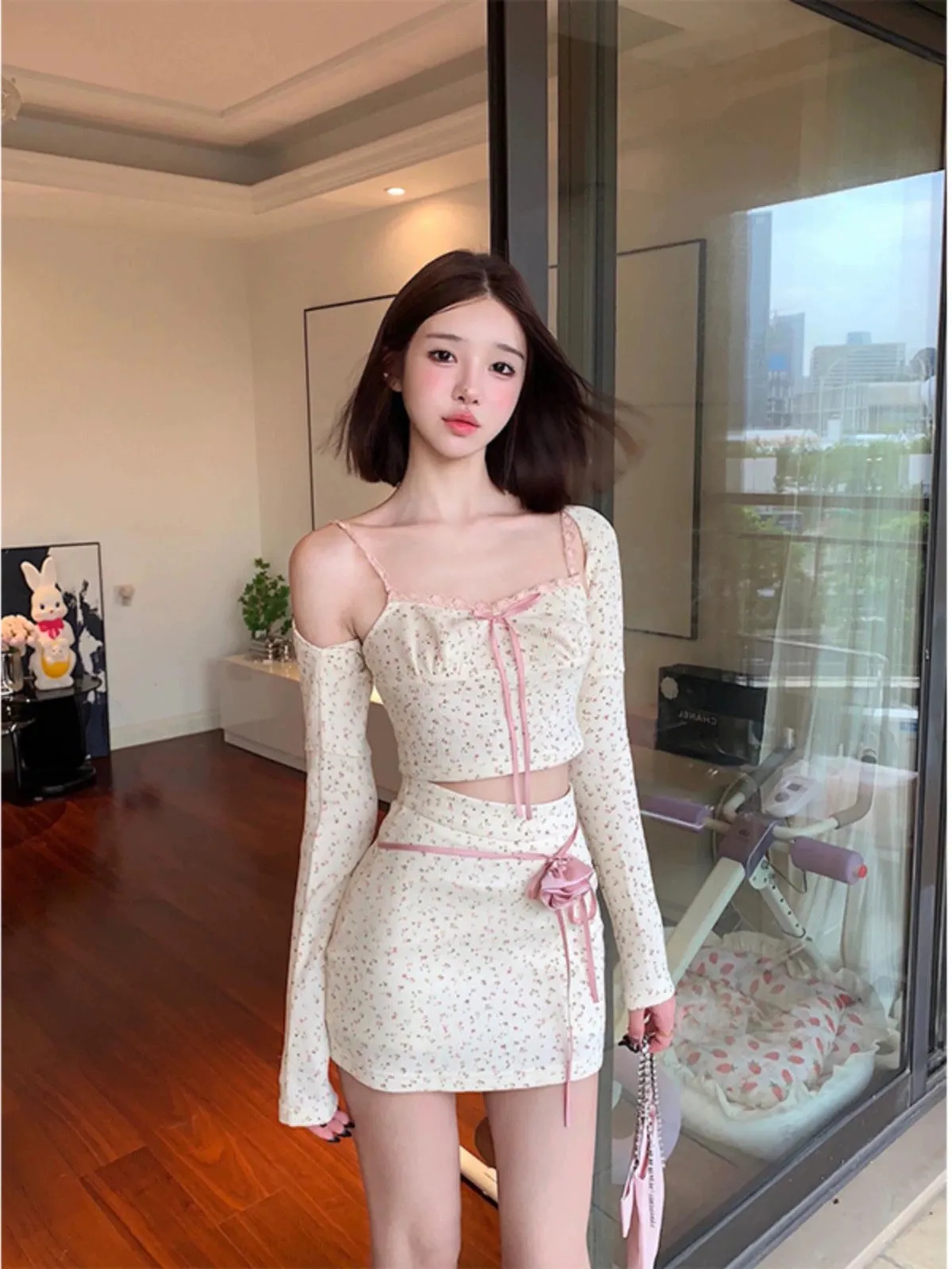 Chen Shan~Turn left Sweet and Spicy Floral High Waist Skirt Women's Spring and Autumn Sexy Knitted Cardigan Two-piece Suit