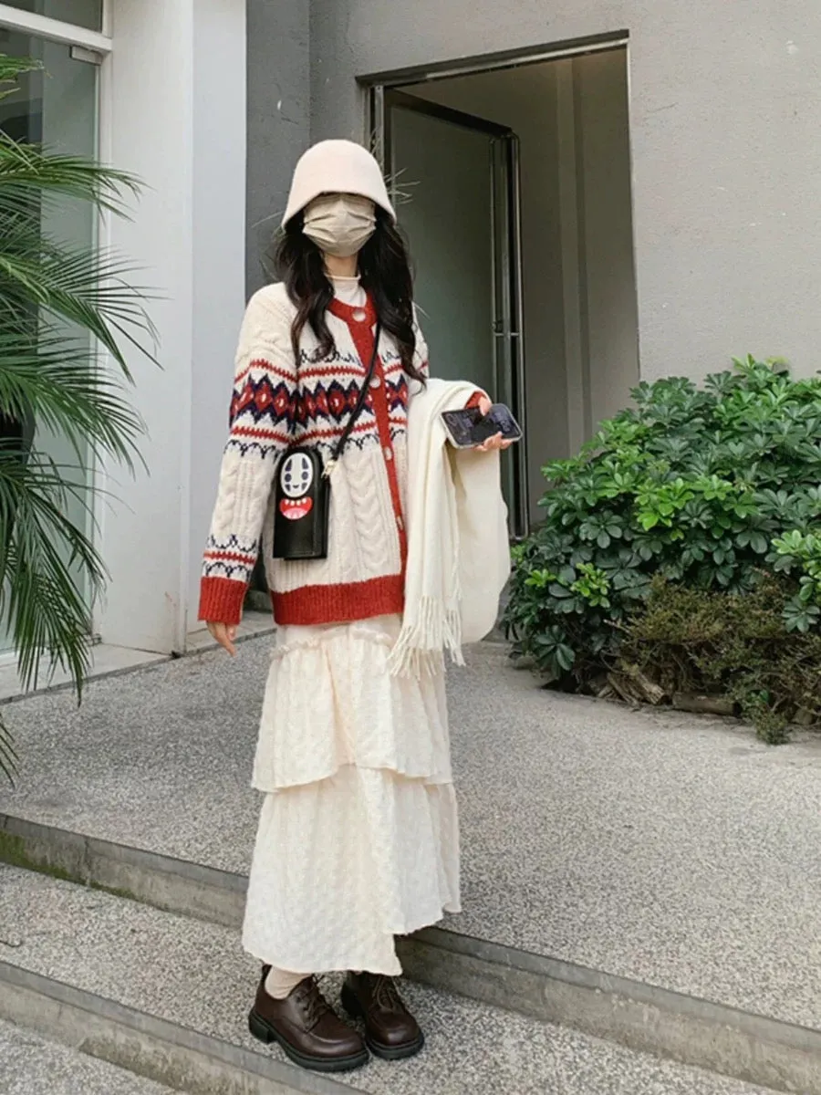 Christmas wear rhombus contrasting color knitted cardigan round neck sweater jacket for women 2023 new autumn and winter age-red