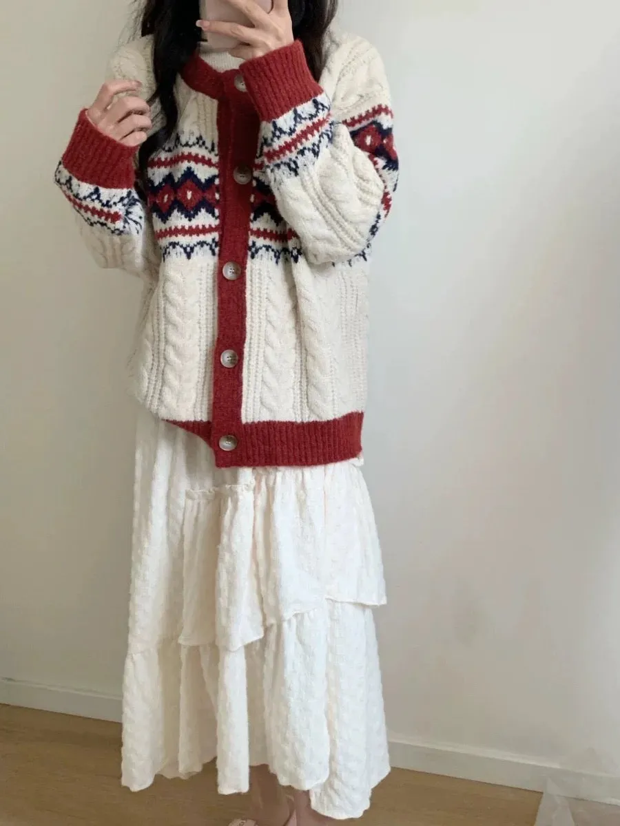 Christmas wear rhombus contrasting color knitted cardigan round neck sweater jacket for women 2023 new autumn and winter age-red