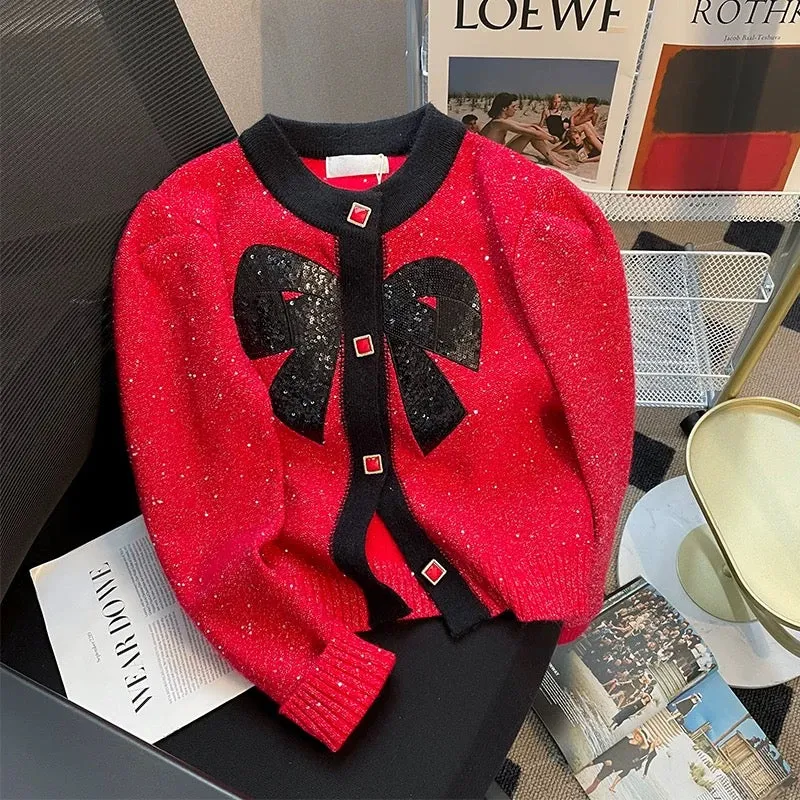 Colorblock bow long-sleeved cardigan knitted women's autumn new Korean style temperament small fragrance short sequined sweater 