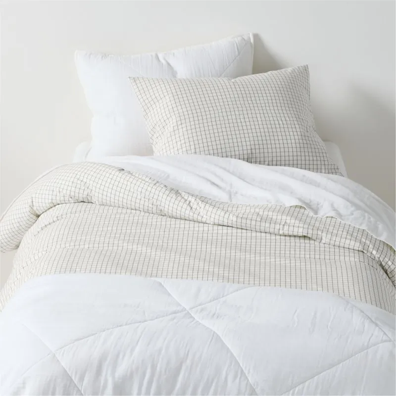 Crate&Barrel Stax Mini Grid Grey Yarn-Dyed Organic Cotton Kids Twin Duvet Cover