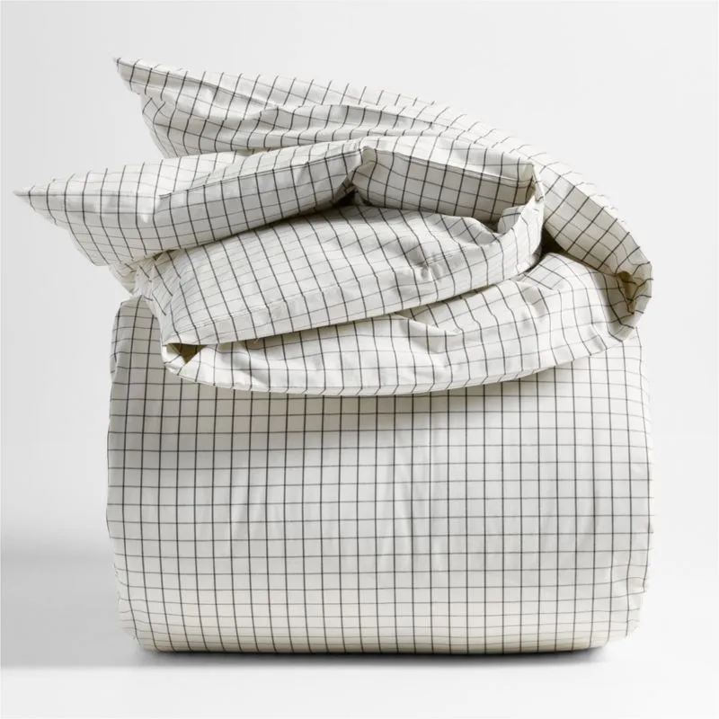 Crate&Barrel Stax Mini Grid Grey Yarn-Dyed Organic Cotton Kids Twin Duvet Cover