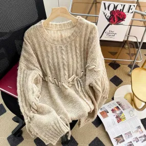 Designed lace-up thin pullover sweater for women in early autumn 2022 new Japanese style loose lazy style hollow sweater