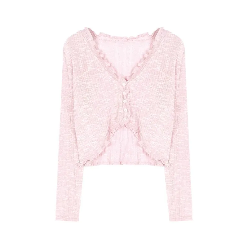 Designed thin pink sunscreen knitted cardigan jacket for women in summer niche loose short outer blouse top