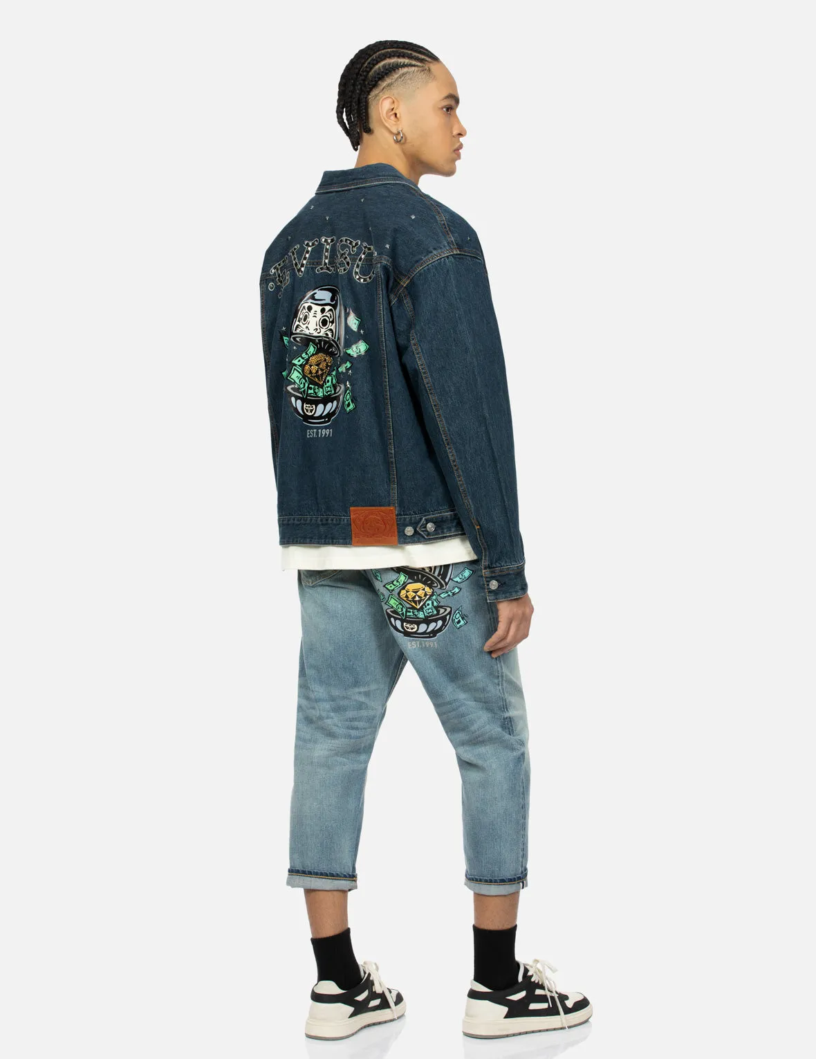 Diamond Daruma and Seagull Print Loose Fit Denim Jacket