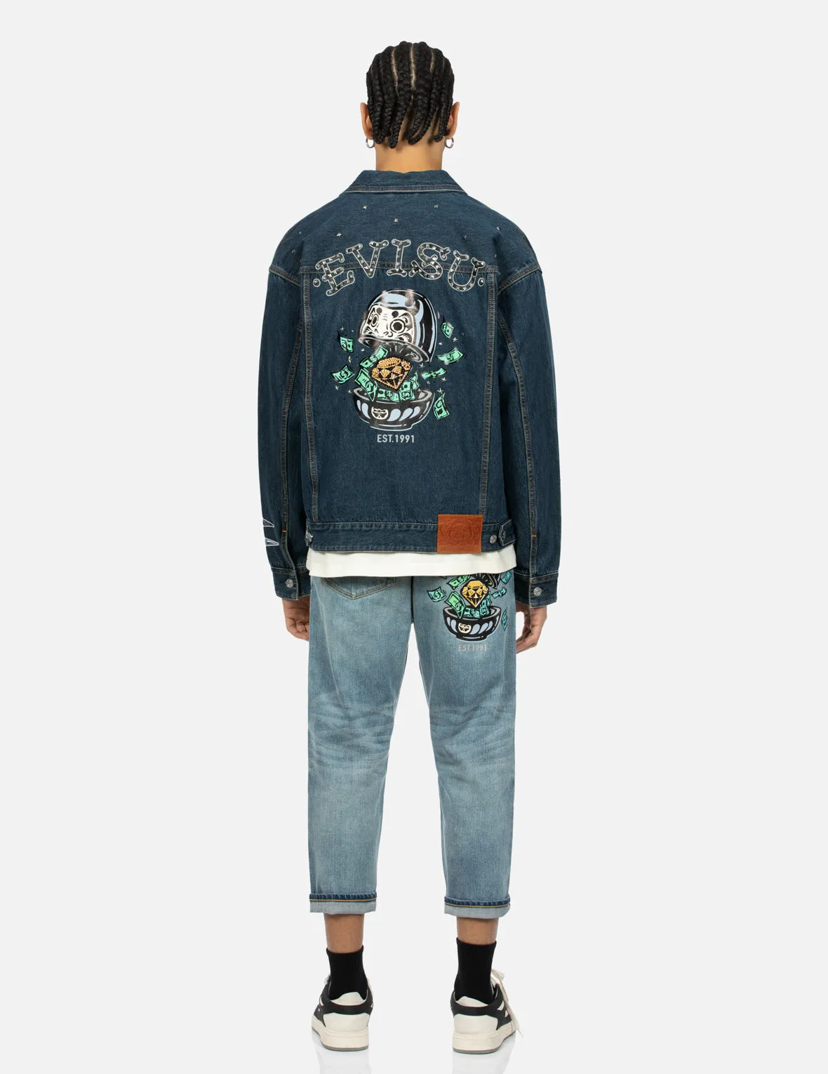 Diamond Daruma and Seagull Print Loose Fit Denim Jacket