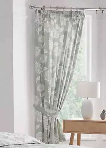 Dreams & Drapes Chrysanthemum Pair of Pencil Pleat Curtains with Tie-Backs - Green | Kaleidoscope