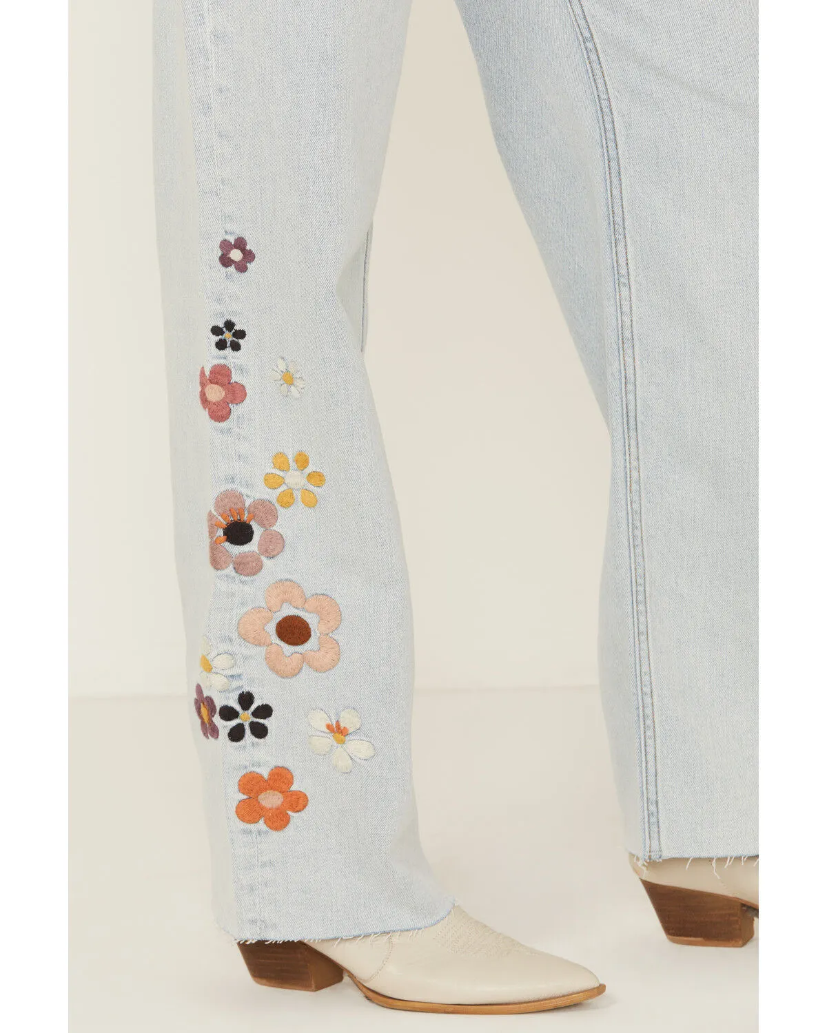 Driftwood Women's Callie X Boogie Nights Light Wash High Rise Floral Embroidered Straight Stretch Denim Jeans