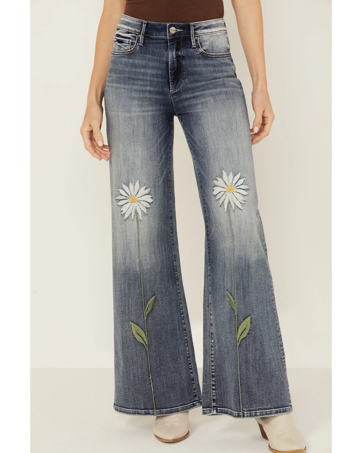 Driftwood Women's Penelope X Daisy Fields Medium Wash High Rise Destructed Flare Stretch Denim Jeans