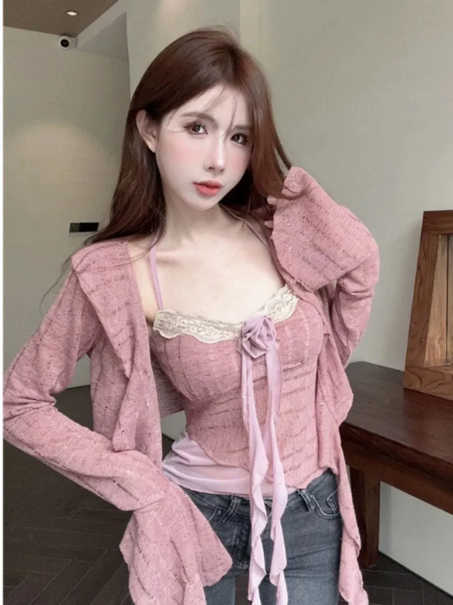 Early autumn hot girl two-piece three-dimensional rose top hollow slimming camisole female lapel trumpet long-sleeved cardigan