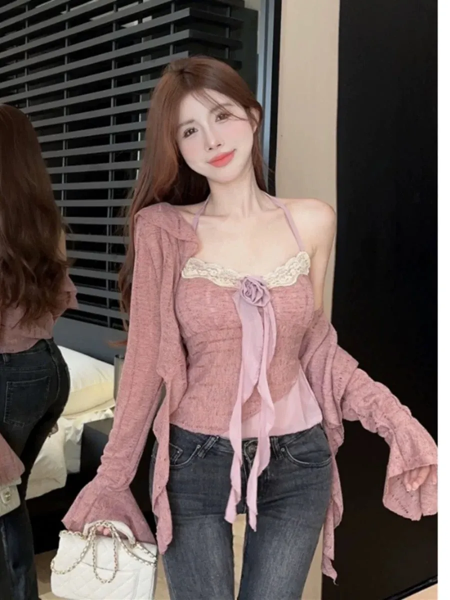 Early autumn hot girl two-piece three-dimensional rose top hollow slimming camisole female lapel trumpet long-sleeved cardigan