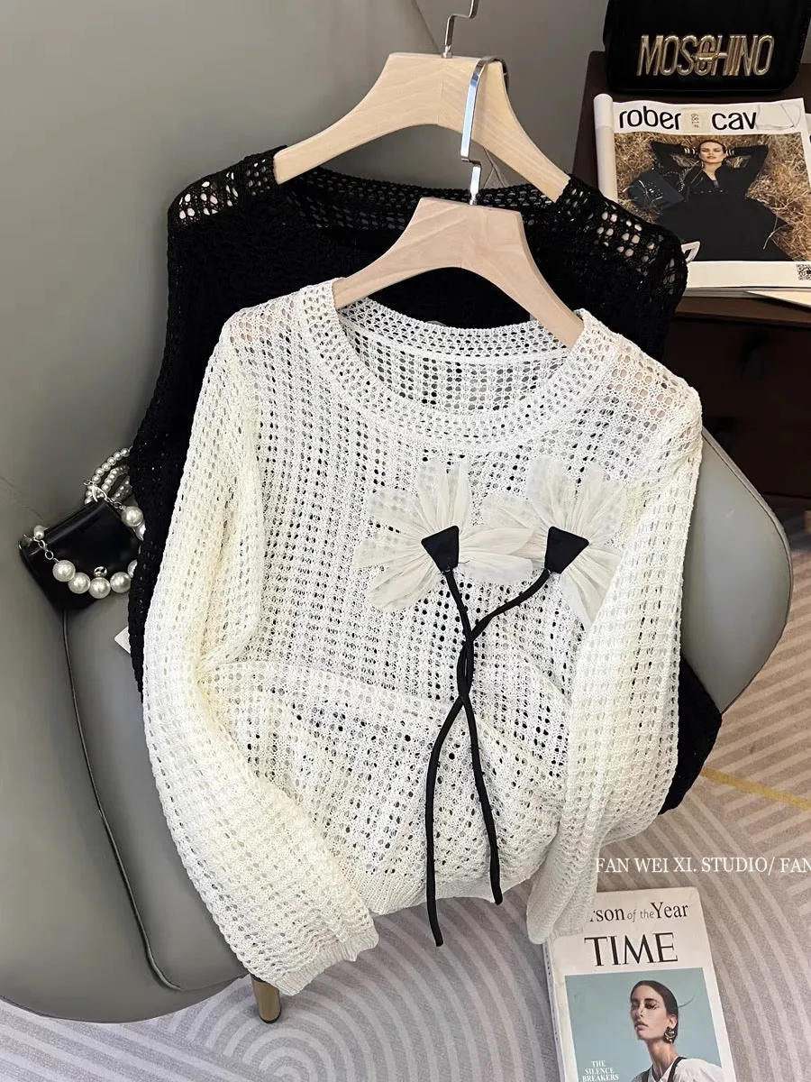 Early autumn new design French three-dimensional flower loose blouse hollow round neck long-sleeved sweater women's sun protecti