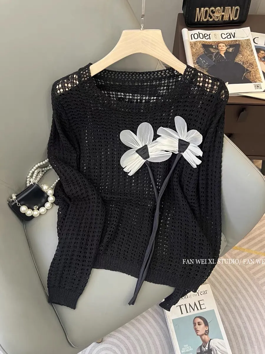 Early autumn new design French three-dimensional flower loose blouse hollow round neck long-sleeved sweater women's sun protecti