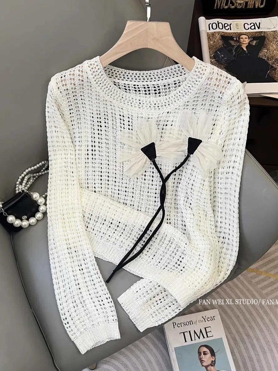 Early autumn new design French three-dimensional flower loose blouse hollow round neck long-sleeved sweater women's sun protecti