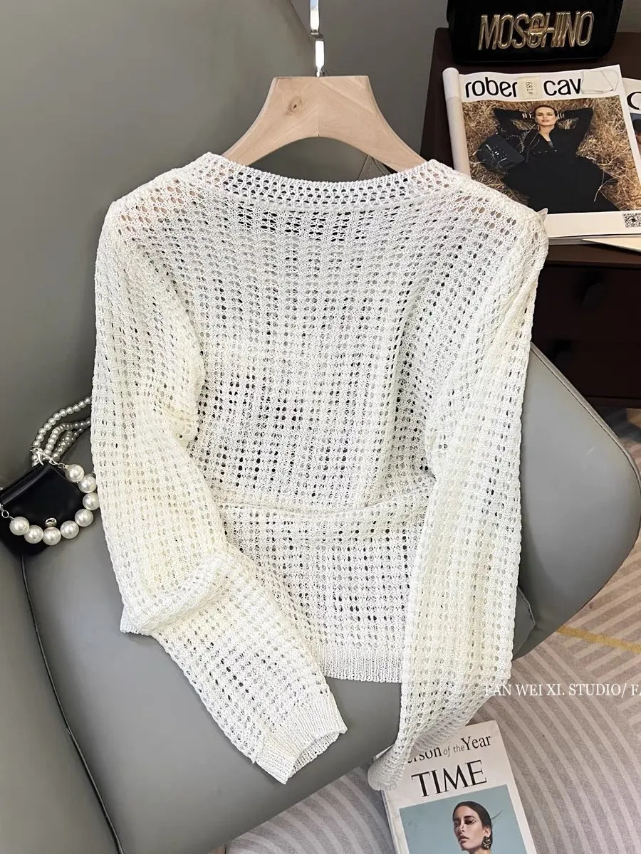 Early autumn new design French three-dimensional flower loose blouse hollow round neck long-sleeved sweater women's sun protecti