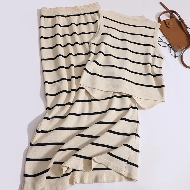 Fashion suit women's striped vest top summer French style high waist hip skirt skirt two-piece set