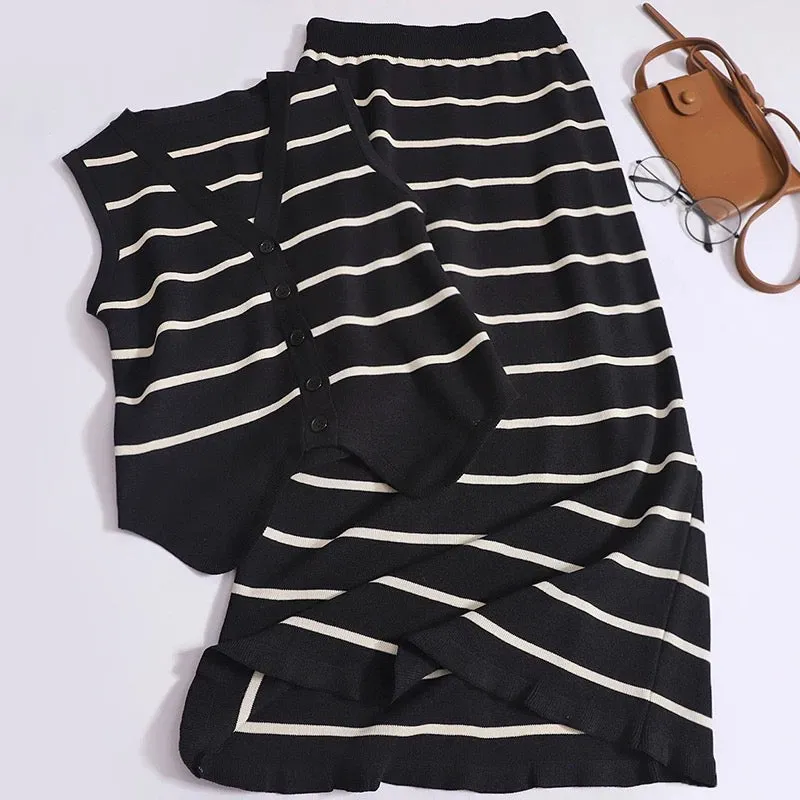 Fashion suit women's striped vest top summer French style high waist hip skirt skirt two-piece set