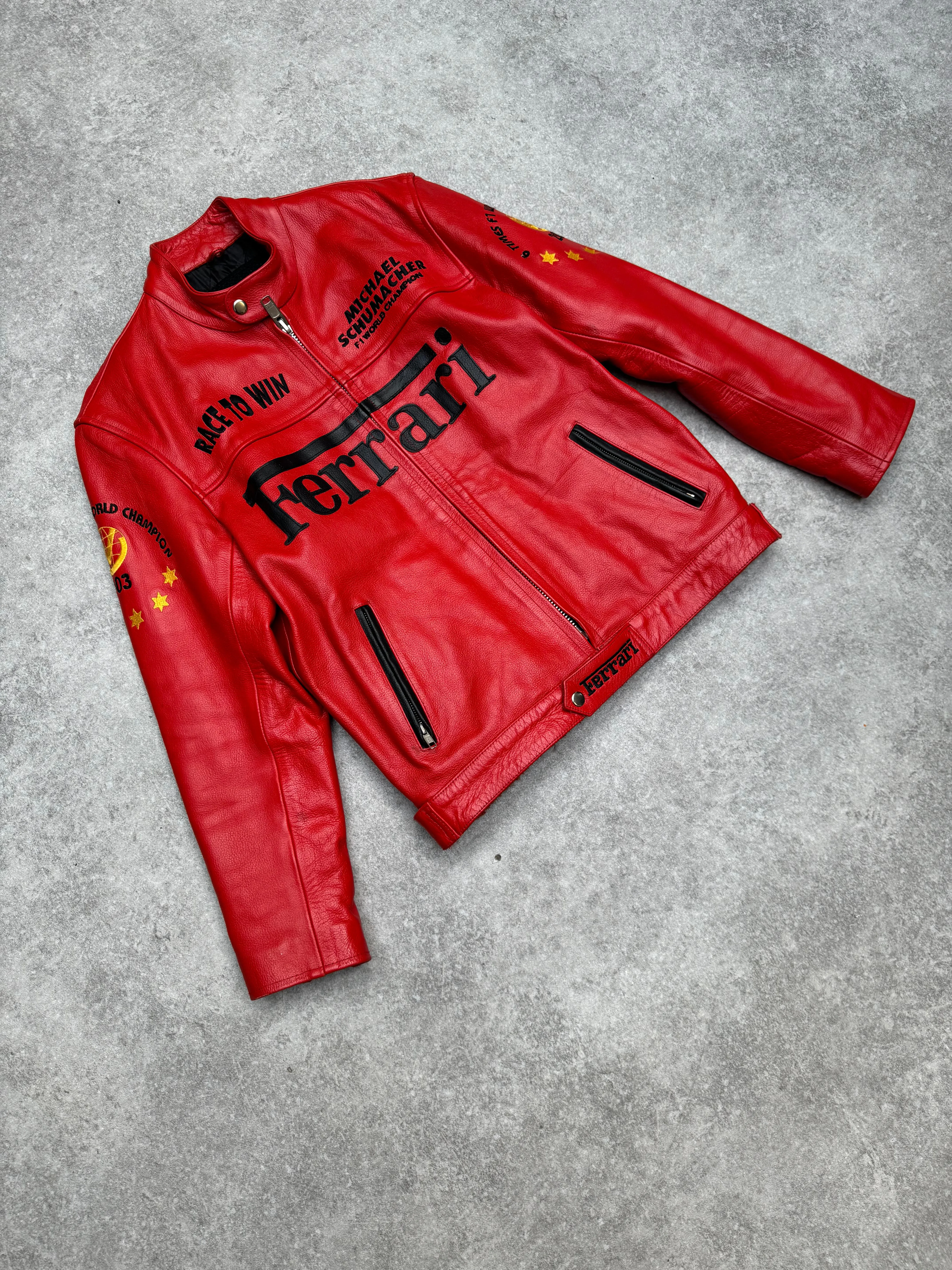 Ferrari Logo Embroidered Grained Leather Racing Jacket