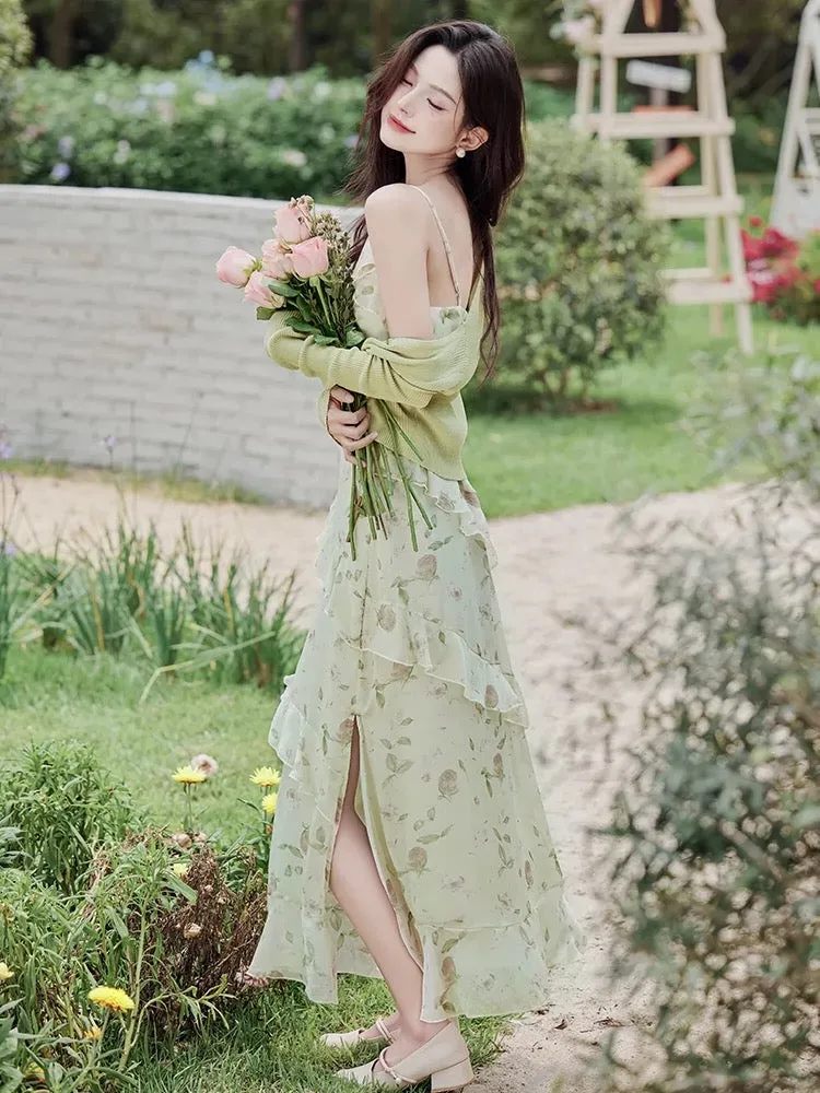 French beautiful floral dress for women summer 2024 new high-end super fairy green suspender cardigan two-piece set