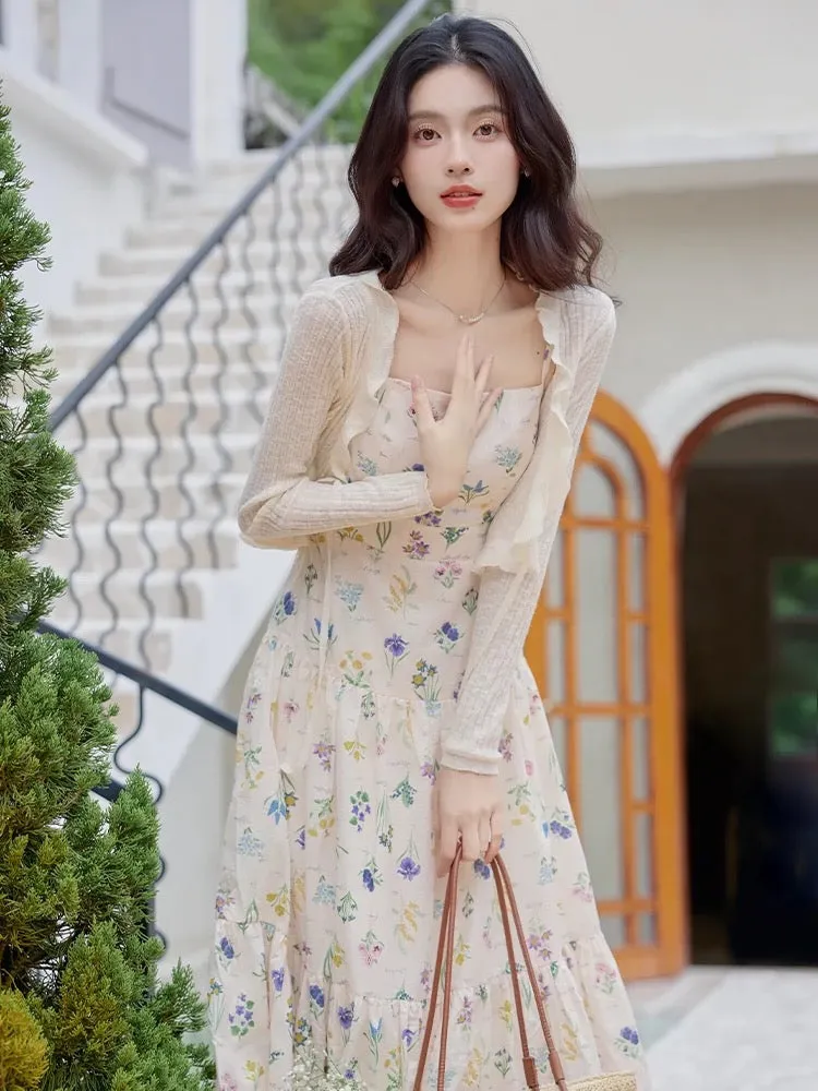 French first love floral dress summer 2024 new style gentle style high-end suspender cardigan two-piece set