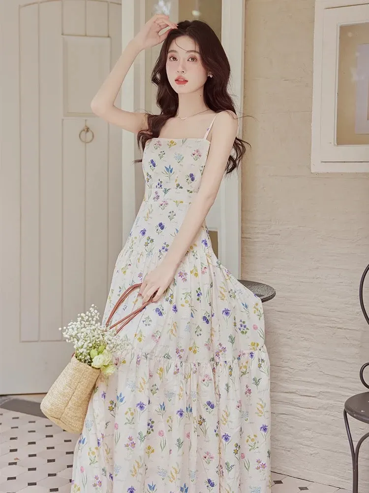 French first love floral dress summer 2024 new style gentle style high-end suspender cardigan two-piece set