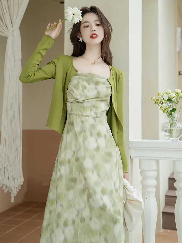 French green floral dress for women summer 2024 new super fairy style gentle style suspender cardigan two-piece set