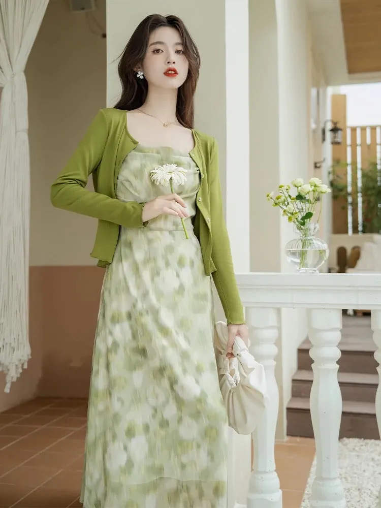 French green floral dress for women summer 2024 new super fairy style gentle style suspender cardigan two-piece set