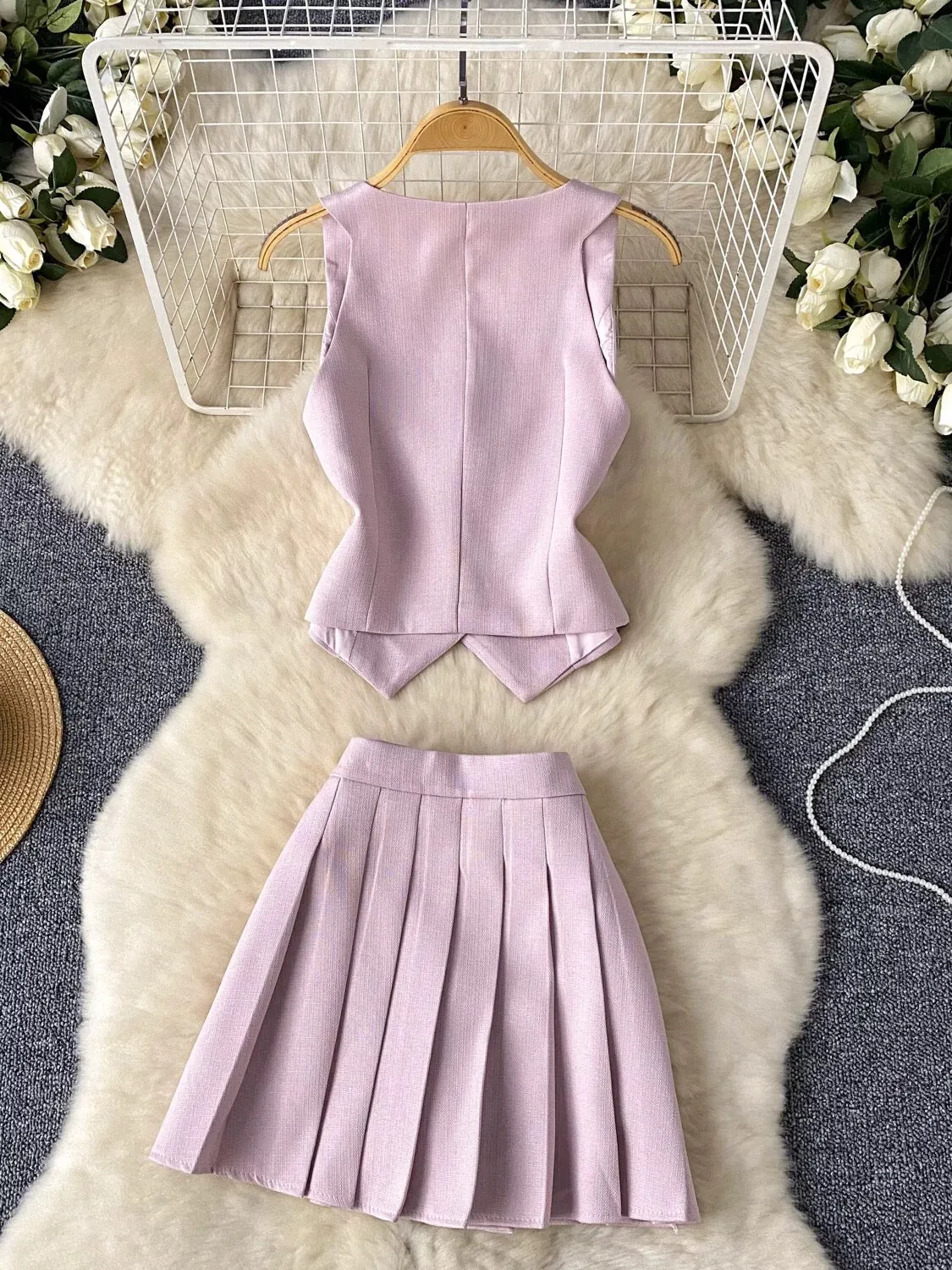 French  style single-breasted versatile slit suit vest + high waist pleated skirt two-piece suit